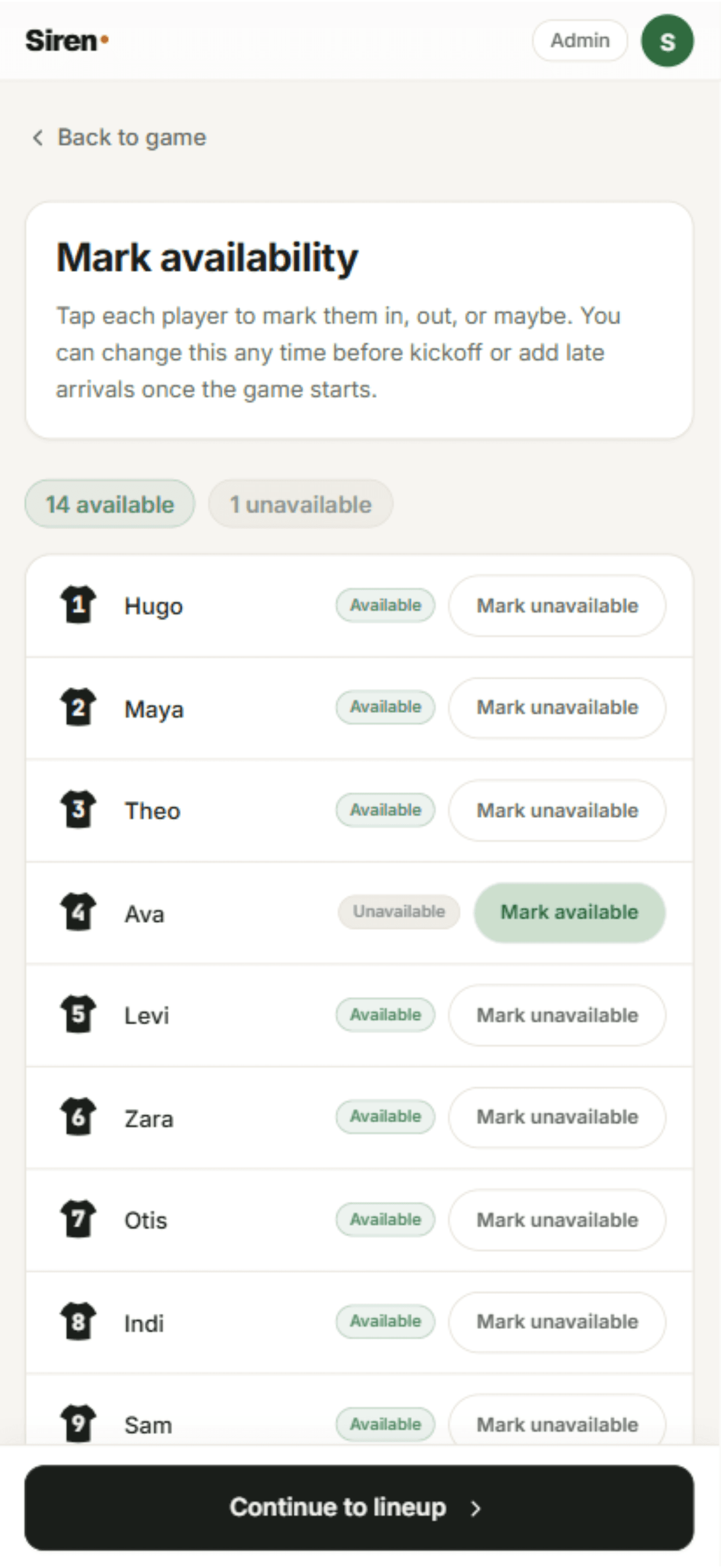 Pre-game availability list showing available and unavailable players