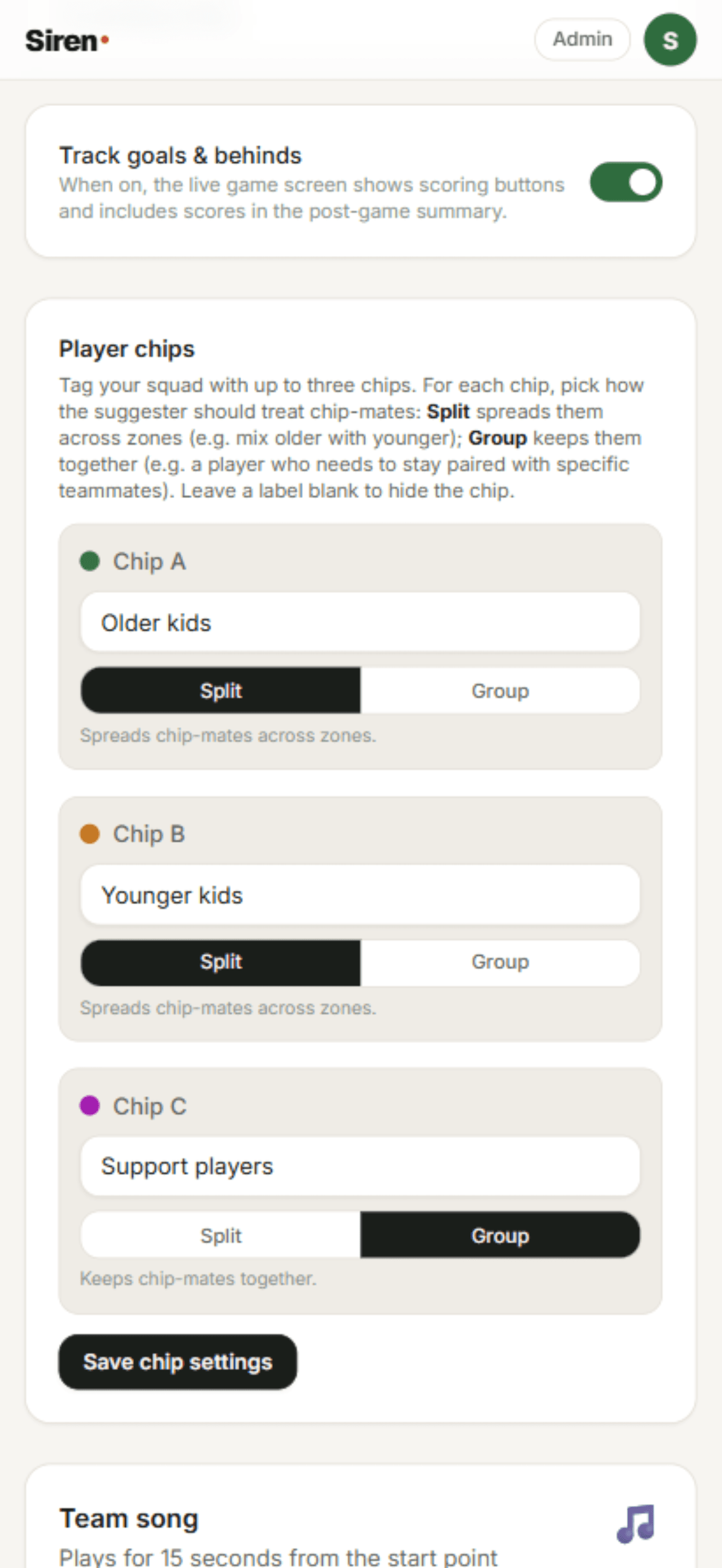 Player chips settings: three modes (Off, Linked to positions with Forward / Centre / Back zone-coloured dots, or Custom labels with split / group modes)