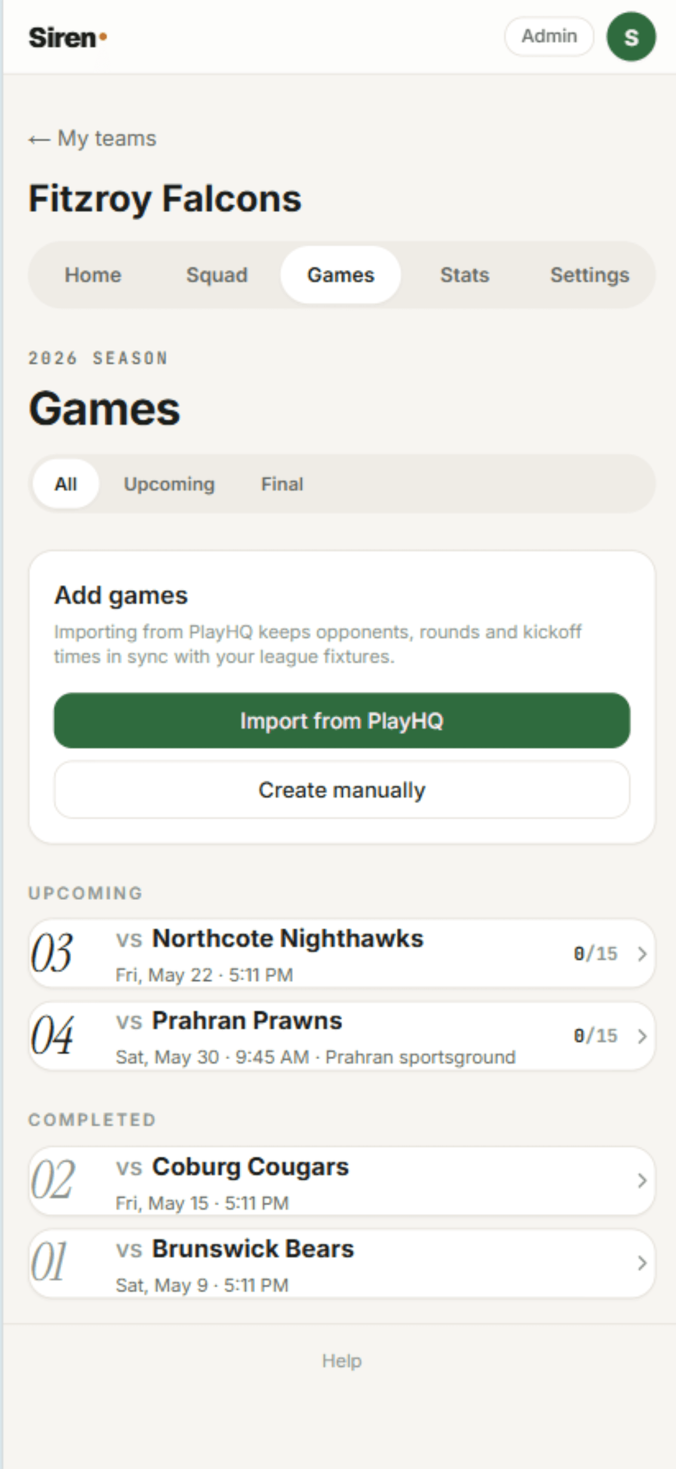 Fixtures list showing PlayHQ-imported rounds