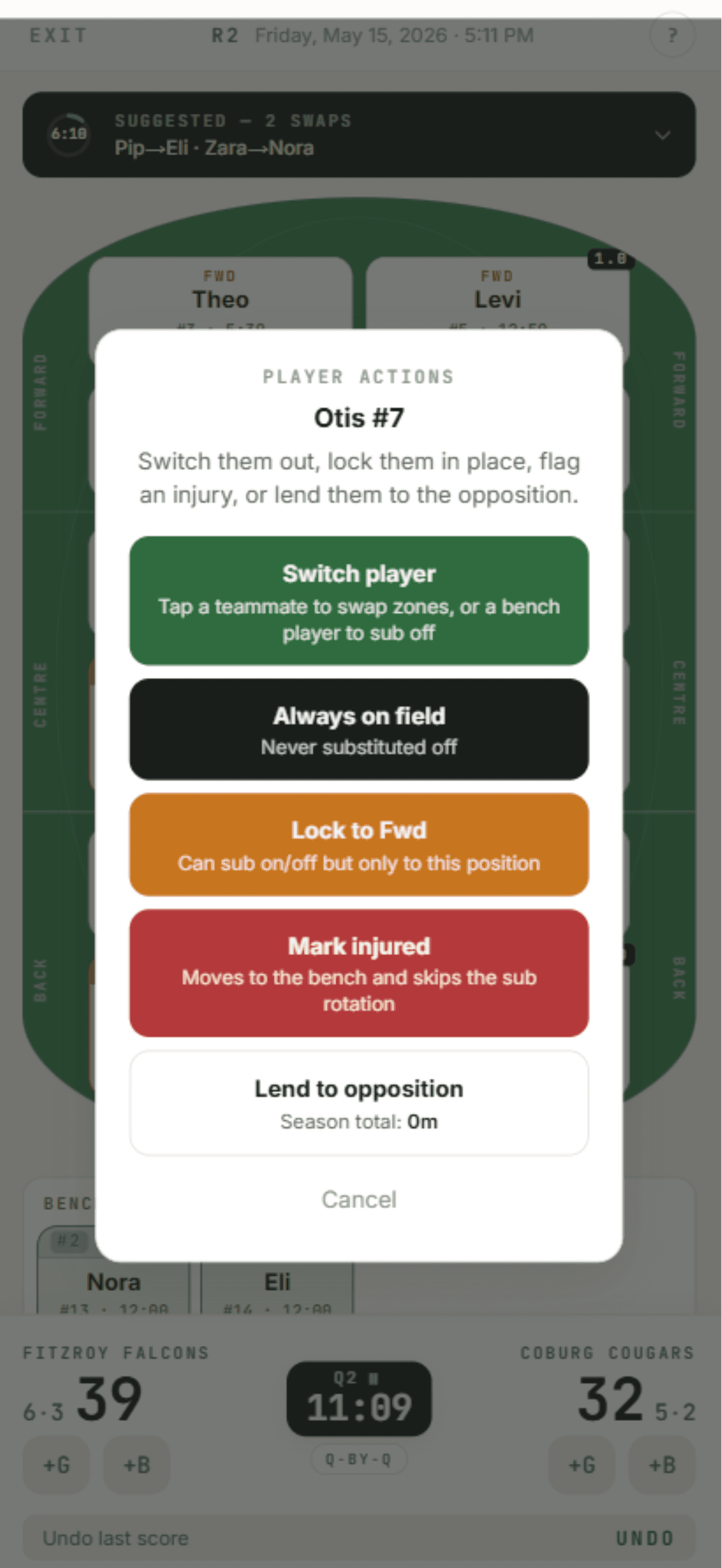 Player actions sheet showing lock, injury, and lend options