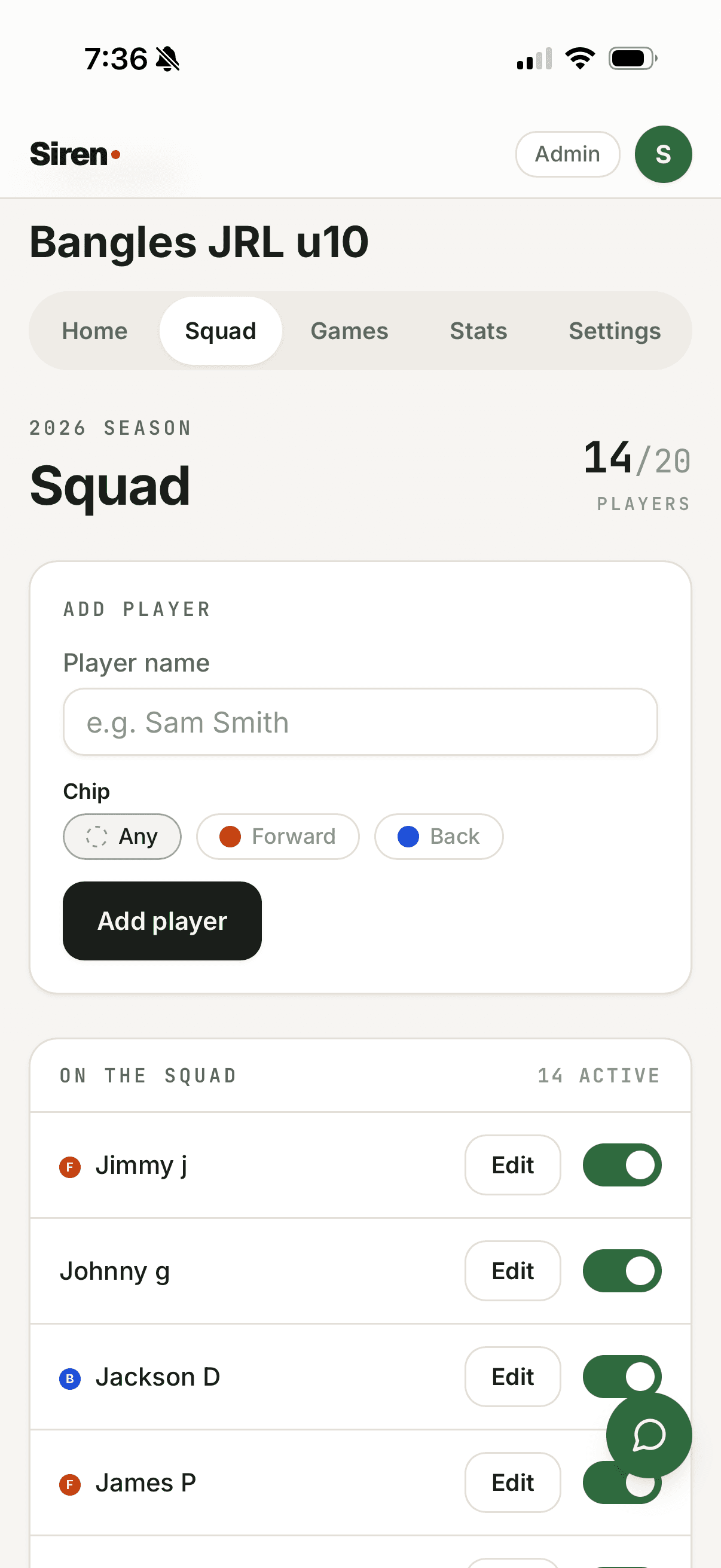 Player chips with Forward and Back labels and matching position-coloured dots