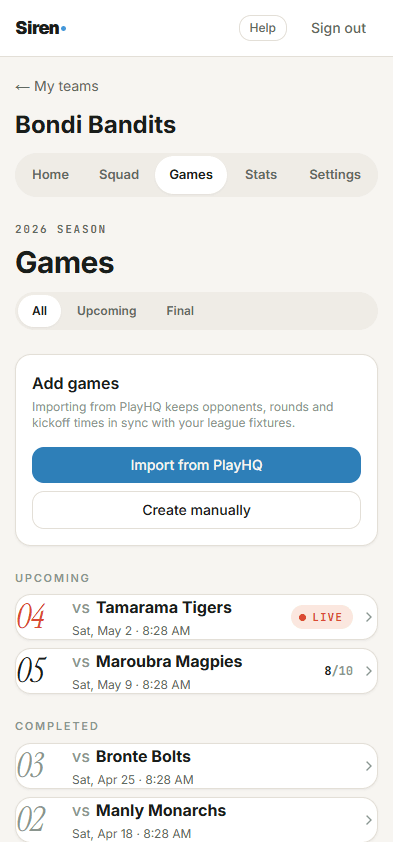 Bondi Bandits Games tab. PlayHQ import card with the upcoming and completed netball fixtures listed below