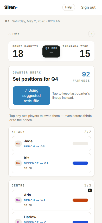 Netball Q-break with the suggested-reshuffle toggle on, showing per-third lineup cards and time bars