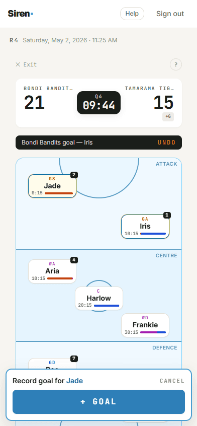 Netball score view. Tap +Goal for the home shooter, +G for the opposition