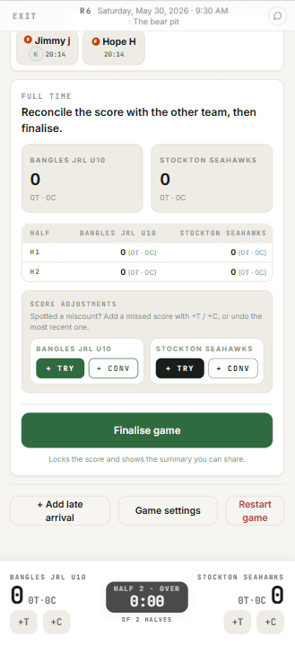 Half-time break screen with suggested reshuffle and field-time bars
