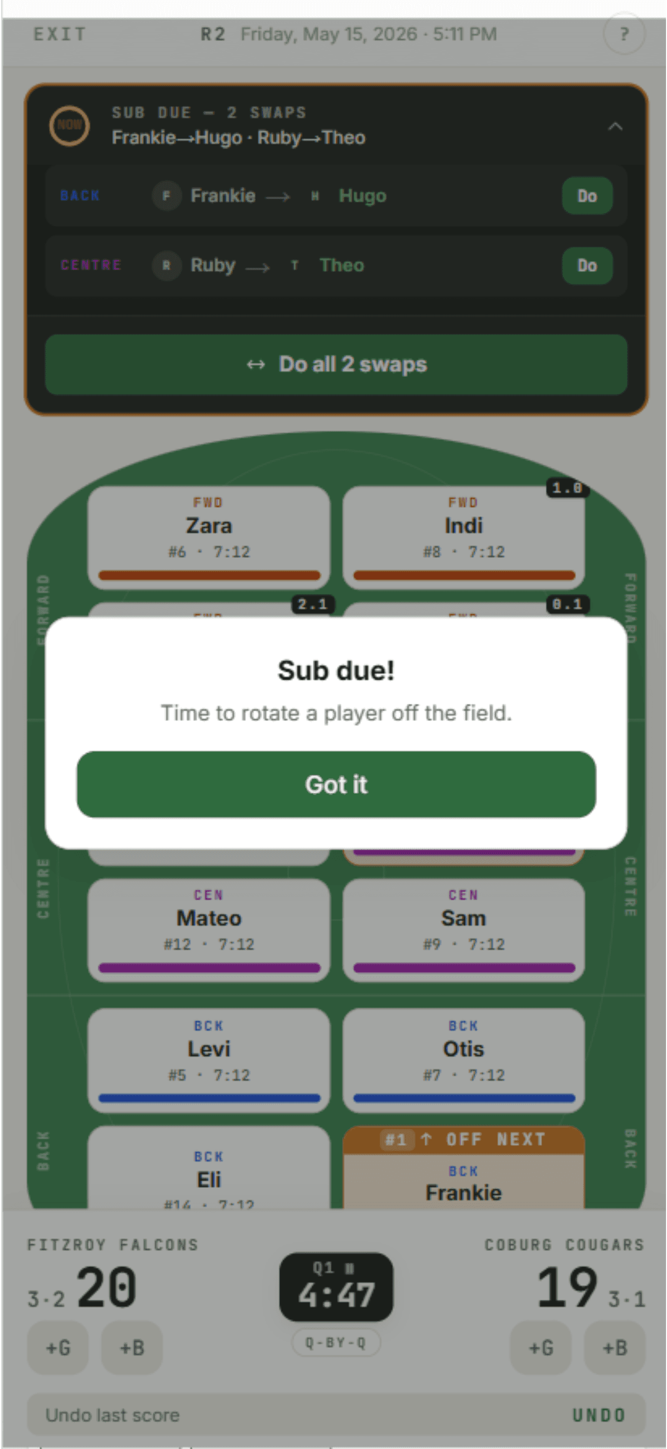 Player rotation view showing zone minute bars