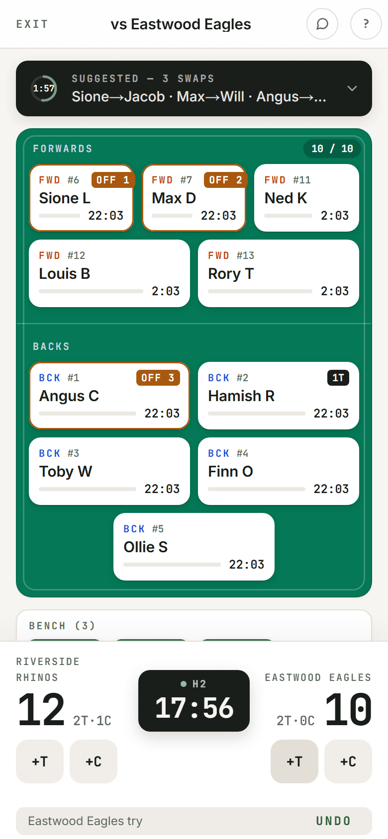 Rugby union live game, the field and the bench, mid-game