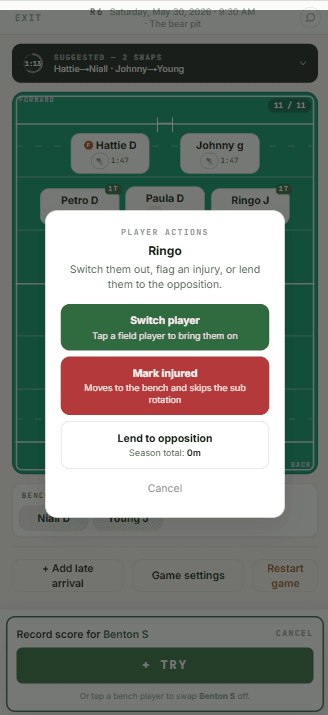Rugby league player actions: switch, mark injured or lend to the opposition
