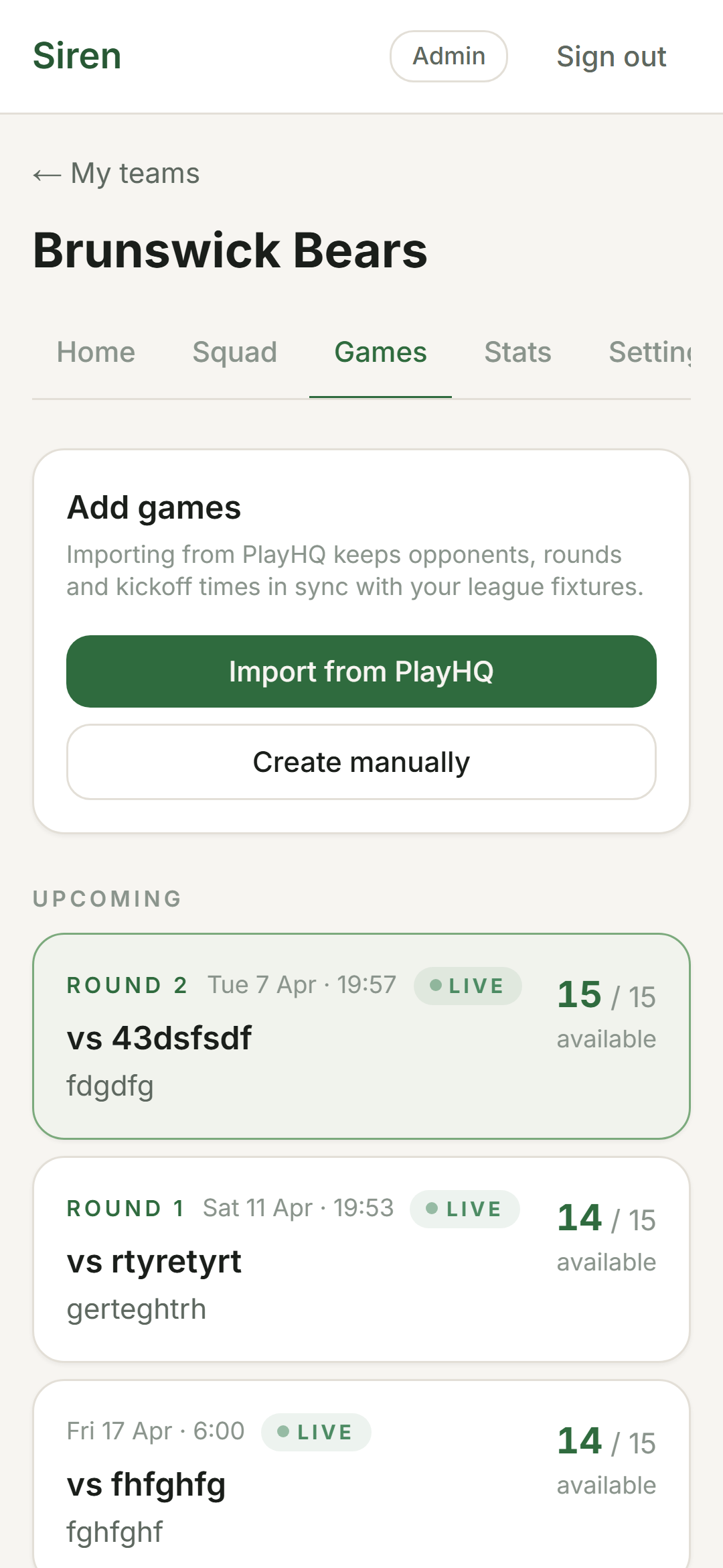 Fixtures list showing PlayHQ-imported rounds